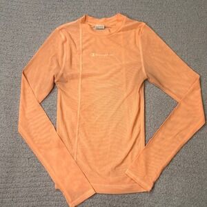 Champion‎ Mesh Top Long Sleeve XS Orange Sheer Athletic Streetwear Y2K Logo